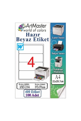 A4 Hazır Beyaz Etiket 192x59 Mm 4 Lü 100 Sayfa 1 Paket Kendinden Yapışkanlı Fotokopi Lazer İnkjet Kağıdı Yazıcılar