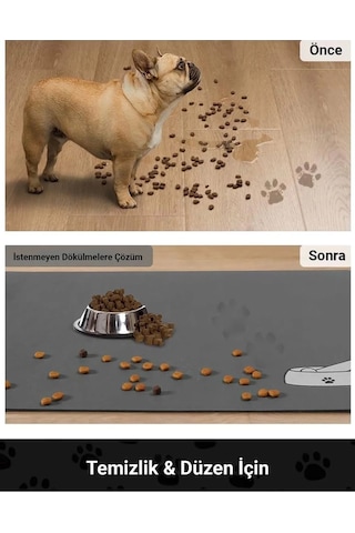 MAtGo Pati Evcil Hayvan Beslenme Matı Kemik Figürlü Su Geçirmez Kaymaz Gri Kedi Köpek Mama Paspası 50 x 70 CM