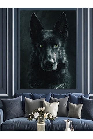 Siyah Kurt Köpek Portresi Dekoratif Kanvas - Mdf Ahşap Tablo