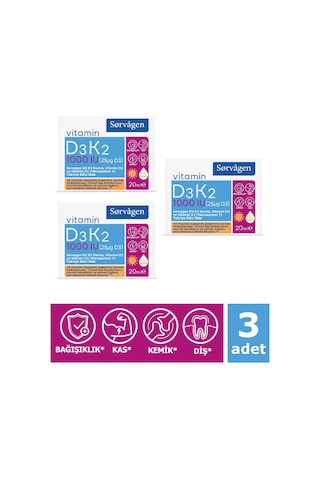 Sorvagen Vitamin D3K2 Damla 20 Ml (1000 IU) - 3 Adet