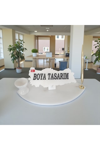 Doğal Beyaz Mermer Masa İsimlik Kalem Ve İğnelikli