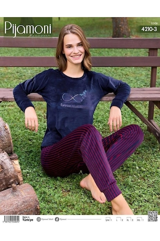 Pijamoni Kadın Kışlık Bisiklet Yaka Likralı Kadife Pijama Takımı 4210/3- 1 Adet 001