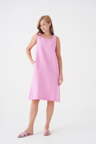 Mg Otantik %100 Pamuk Müslin Kumaş Sıfır Kol Kısa Elbise -mg003 Pembe