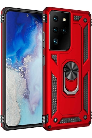 Samsung Galaxy Uyumlu S21 Ultra Kılıf Sert Silikon Yüzüklü Stand Özellikli Kapak