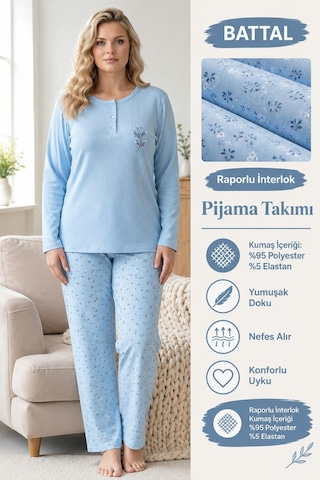 Boyraz Lindros Kadın Düğme Yaka Raporlu İnterlok Kışlık Battal Pijama Takımı 03018 - 1 Adet Mavi