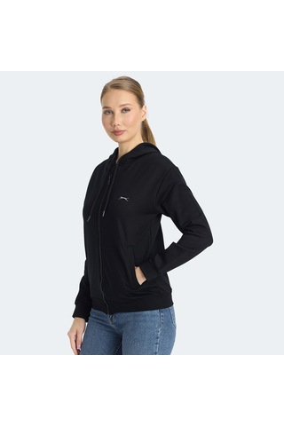 Slazenger KINET Kadın Fermuarlı Kapüşonlu Cepli Siyah Sweatshirt