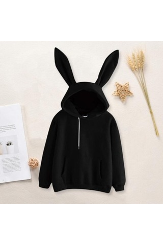 Novahub Kırmızı Kadın Kapüşonlu Sweatshirt - Tavşan Kulak Dekorlu, Uzun Kollu, Rahat Kışlık Üst Kırmızı