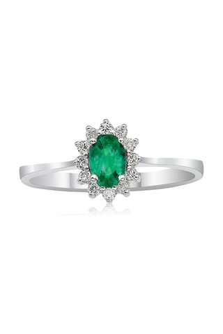 Pırlantalı Oval Zümrüt Yüzük - 0,10 Karat 14 Ayar