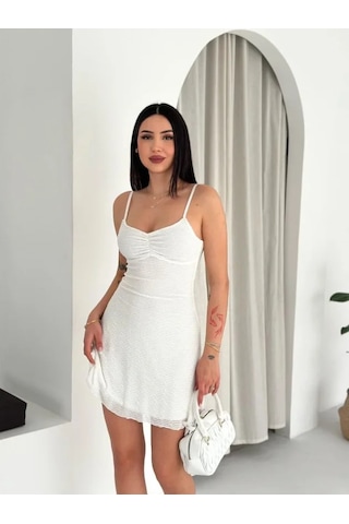 Simala Askılı Mini Elbise Drapeli Göğüs Detay Likralı Yazlık Fit - Beyaz