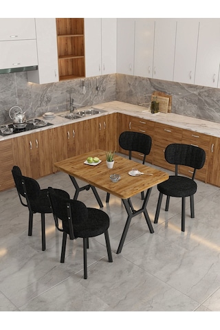 Azra 70x110cm Atlantik Mutfak Masası, Mutfak Masası Takımı, Yemek Masası, 4 Siyah Sandalye Siyah