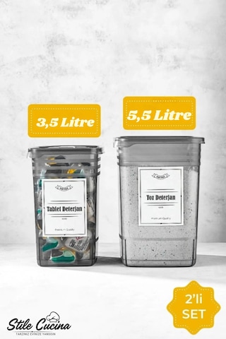 Etiketli 2li Strip Mega Boy Toz Ve Tablet Deterjan Saklama Kutusu 1x 3,5 Litre + 5,5 Litre Gri