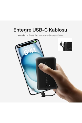 Belkin Boostcharge Powerbank, Type-c Kablolu 10k Pd 20w, Siyah