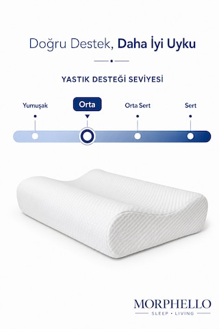 Morphello Ortopedik Boyun Destekli Visco Yastık 60x40 Cm Orta Sert, Yıkanabilir Kılıflı Ergonomik Yastık Beyaz