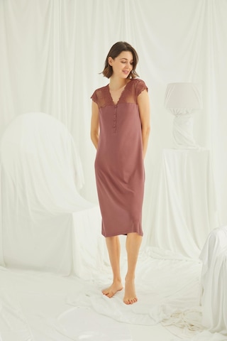 Monamise Kadın Yakası Kolu ve Omzu Brode Dantelli Önü Düğmeli Gecelik 19313-kahve Kahverengi