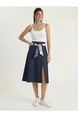 Shade Kadın Yırtmaç Detaylı Desenli Saten Kemerli Midi Boy Denim Etek 7512 60283934 - Lacivert