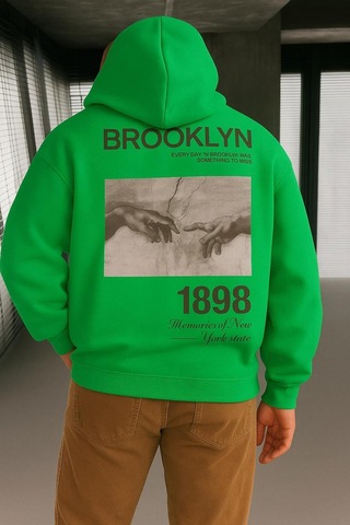 Benroma 3 İplik Penye Brooklyn Baskılı Sweatshırt Yeşil