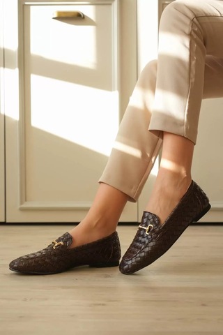 Roof Atelier Kadın Acı Kahve Örgü Desenli Toka Detaylı Loafer Ayakkabı - Hanly