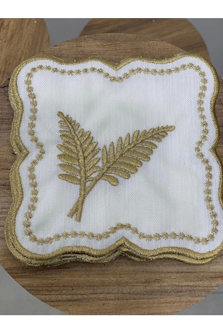 Nivemeshome Yaprak Nakışlı Gold Kare 6 Adet Keten Kokteyl Peçetesi Kahve Yanı Sunumluk Gold