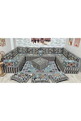 Coton Şark Köşesi Otantik Desenli 30 Cm Lüks Minder Takımı Konsept Antrasit Gri Antrasit