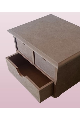 Hobi Adn Dekoratif Makyaj Kutusu 3 Çekmece Ahşap Mdf Ham El Yapım Açık Kahverengi