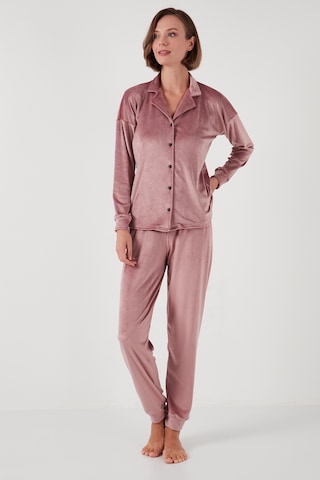 Lela  Regular Fit Parlak Kadife Ribanalı Bayan Pijama Takımı 6097110 Pudra