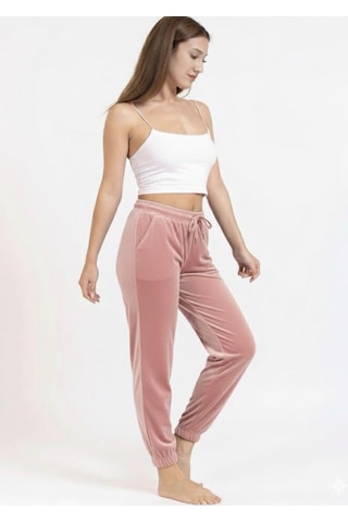 Kadın Soft Cepli Fransız Kadife Tek Alt Pijama Pudra