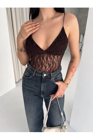 Efnaz Style Dantel Detaylı Derin Dekolte Body Şık Kolsuz Yazlık Bodysuit - Kahverengi