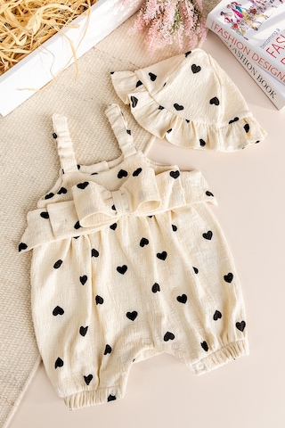 Babymod Şapkalı Kalp Desenli %100 Pamuk Yazlık Kız Bebek Tulum Set Takım Siyah