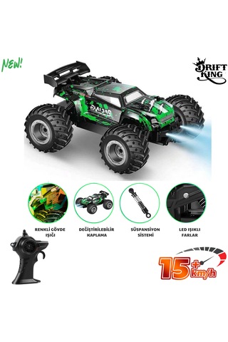 Oyuncak 2.4 Ghz Uzaktan Kumandalı Şarjlı Led Işıklı Drift Atan 15 Km Hız Off Road 45 Dk Batarya Yeşil