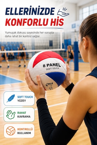 Voleybol Topu 5 No Kırmızı Mavi Soft Touch 8 Panel Dikişli Antrenman Okul Ve Oyun Topu