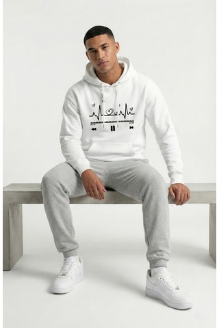 Nevermind Unisex Oversize Kalp Ritmi Baskılı Çift Hoodie Beyaz