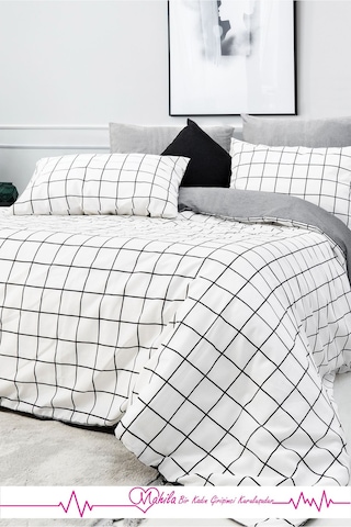 Battal Boy Lüks Pamuklu Nevresim Seti Beyaz Kare Desen Çok Renkli