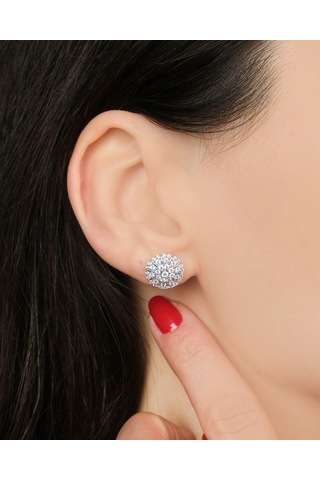 Lekka Design Kadın Kararmaz Çelik Lüks Takı Gümüş Renkli Zirkon Taşlı Yuvarlak Küpe