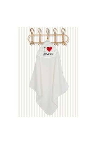 %100 Pamuk Yenidoğan Bebek Kundak Nakışlı Banyo Havlusu Mom Dad Krem 0 - 24 Ay