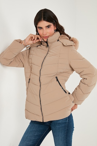 Lela Kapitoneli Slim Fit Çıkarılabilir Kapüşonlu Bayan Mont 497Mara Bej