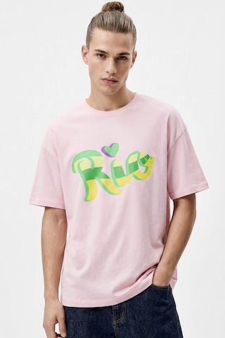 Hoxie Erkek Pembe Rio Baskılı Oversize Bisiklet Yaka Tişört Açık Pembe