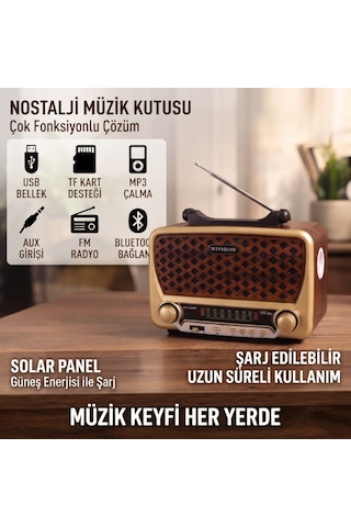 Büro Ev Ofis si İçin Solar Şarjlı Led Fenerli Aux Bt Nostalji Müzik Kutusu