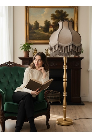 Vizon Kadife Başlık Gold Ahşap Ayaklı Lambader Vintage Model 170x50cm