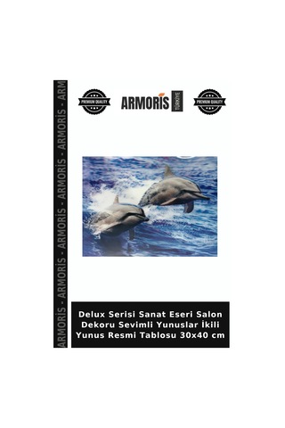 Delux Serisi Sanat Eseri Salon Dekoru Sevimli Yunuslar İkili Yunus Resmi Tablosu 30x40 Cm Çok Renkli
