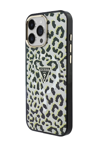 Apple Uyumlu iPhone 16 Pro Max Kılıf Guess Lisanslı M-safeli Üçgen Logolu Simli Leopar Desenli Kapak Siyah