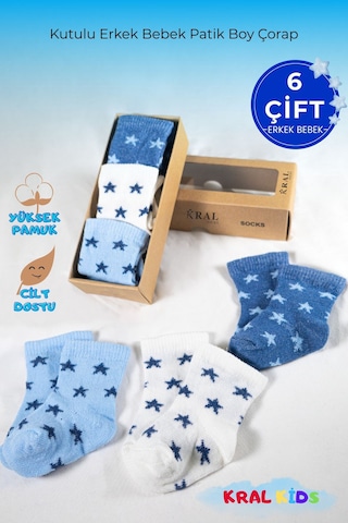 6 Çift Erkek Bebek Çorap Kutulu Patik Boy Yıldız Desenli, Pamuklu Beyaz