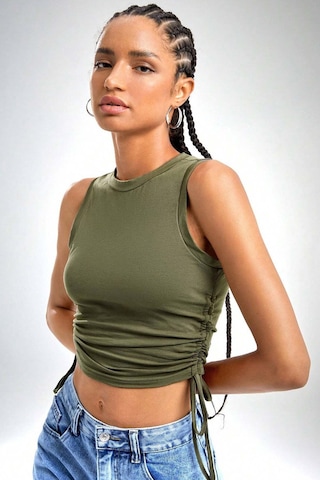 Merry See Yanları Büzgülü Kolsuz Bluz Crop Top Atlet Yeşil