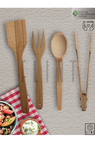 Gürgen Ahşap Tahta Kaşık Çatal Spatula Maşa 4'lü Set Servis Seti
