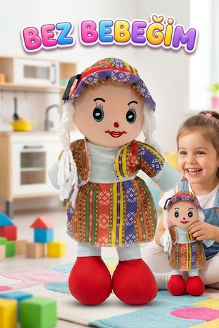 Yöresel Oyun Arkadaşım Büyük 45cm Yöresel Elbiseli Ve Şapkalı El Yapımı Oyuncak Bez Bebek Kırmızı
