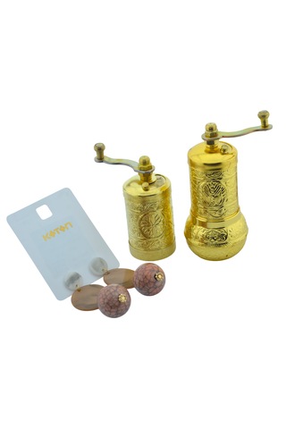 Motifli Baharat Değirmeni Sarı Renk 2 Li Set Top Küpe Hediyeli