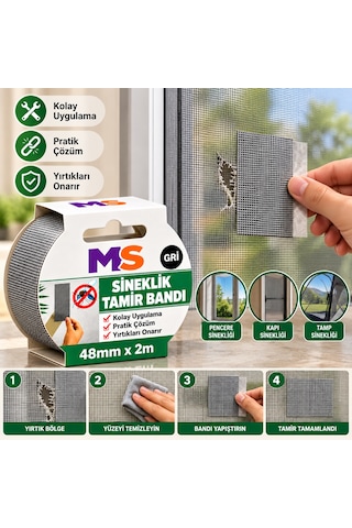4 Adet Yapışkanlı Gri Sineklik Tamir Bandı 48 Mm X 2 Metre Yaması Tülü Bantı Delik Onarımı Yapıştırma 48 x 48