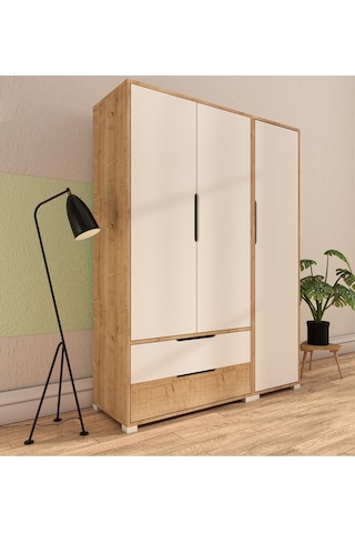 Flora 3 Kapaklı 2 Çekmeceli Gardırop Safir Meşe - Beyaz Elbise Dolabı