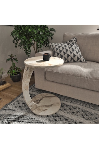 İntergo Tekerlekli C Yan Sehpa Beyaz Mermer