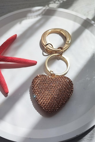 Zirkon Taşlı Pastel Nude-gold Renk Kalp Model Çanta Aksesuarı Ve Anahtarlık
