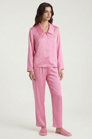 Amoris Şeker Pembesi Uzun Saten Pijama Takımı Pembe